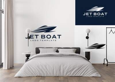 Simple Minimalist Silhouette of Speedboat Jetboat Motorboat, or Boat with Motor with water sea ocean wave logo design Wall mural