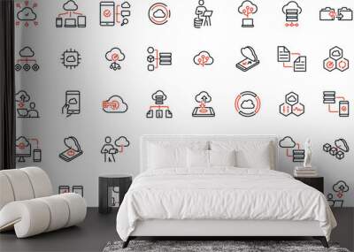 Vector collection of linear icons related to network cloud service, cloud storage, data transfer and synchronization. Mono line pictograms and infographics design elements Wall mural