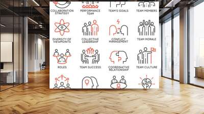 Vector set of 16 linear quality icons related to team work, career progress and business process. Mono line pictograms and infographics design elements - part 2 Wall mural