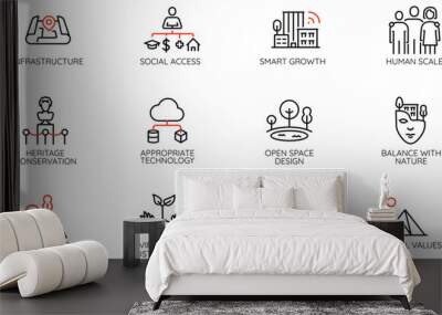 Vector Set of Linear Icons Related to Balance of Cultural Heritage and intelligent urbanism. City Infrastructure. Mono line pictograms and infographics design elements Wall mural