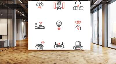 Vector set of linear icons related to building technology, smart houses, urbanism, modern innovation for comfort. Mono line pictograms and infographics design elements - part 2 Wall mural