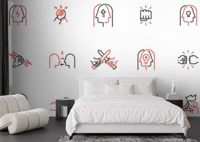 Vector Set of Linear Icons Related to Conflict and Disagreement, Competition and Confrontation. Mono line pictograms and infographics design elements Wall mural