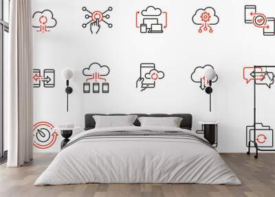 Vector set of linear icons related to network cloud service, cloud storage, data transfer and synchronization. Mono line pictograms and infographics design elements Wall mural