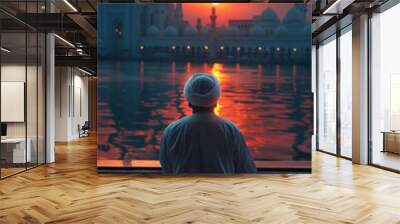  Islamic religion banner template, Muslim man watching sunset and praying. Big copy space Wall mural