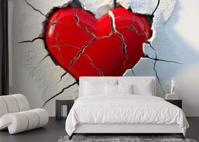 3D Red Heart Cracked Wall valentine tumbler design, white background with a red heart inside wall cracks Wall mural