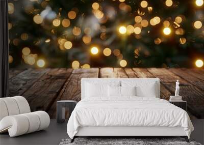 Mockup empty wooden table for product display with Christmas background Wall mural