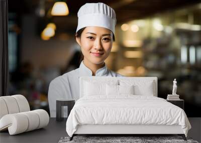  an attractive young head chef asianwoman of a prestigious restaurant. businesswoman, asian, china, japan. hotel. cook concept. illustration created with AI Wall mural