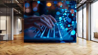 a pair of hands working on a laptop with blue social media lights around, digital print style, luxurious Wall mural