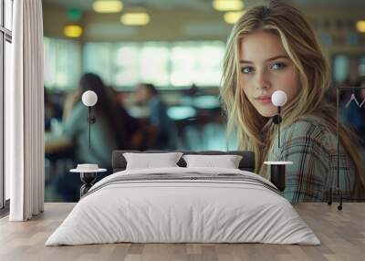 A young girl gazes thoughtfully while enjoying lunch at a bustling school cafeteria on a vibrant afternoon Wall mural