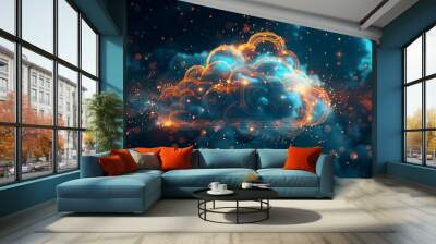 abstract digital cloud background, dark blue and orange ambiance, cloud computing Wall mural