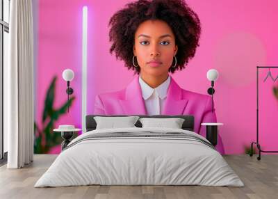 afro businesswoman, a flexible leader who adapts to changes in real time, manages multiple tasks with ease, neon lighting in a stylish office Wall mural