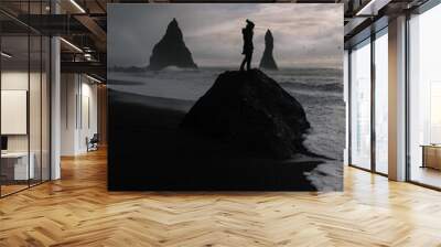 Attractive young female located on top of a rock in the black beach on Iceland with some mountains in the background Wall mural