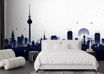 berlin skyline, night, abstract illustration in the style of an explainer video, geometrical shapes and lines only, low detail, white background Wall mural