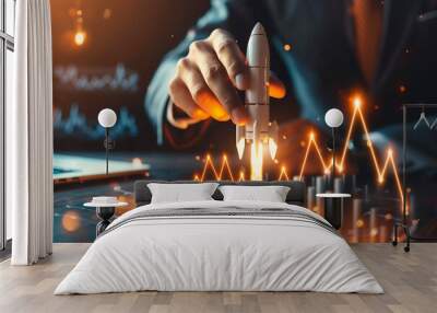 Businessman launching rocket investment growth, planning and corporate business startup Wall mural