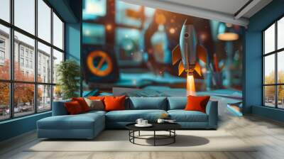 Businessman rocket launch investment growth, planning and starting corporate business start up aiming objective value development leadership and customer target group Wall mural