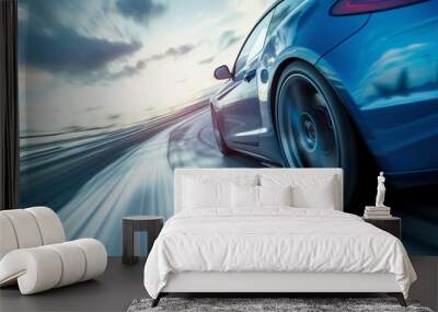 car driving in motion, blue car on high speed . Blue car rushing along a high-speed highway.banner Wall mural