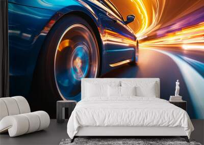 car driving in motion, blue car on high speed . Blue car rushing along a high-speed highway.banner Wall mural