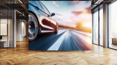 car driving in motion, blue car on high speed . Blue car rushing along a high-speed highway.banner Wall mural