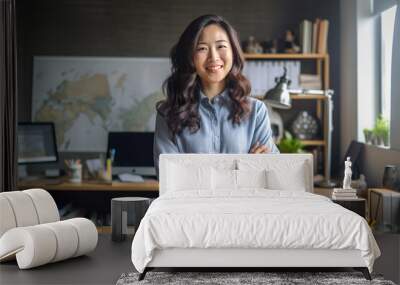 Casual portrait of a designer in her office standing by her desk, daylight coming through the window, corporate photography, Asian woman. made with ai Wall mural