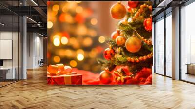 Christmas decorations, green tree with red ribbon and gold balls, under gift boxes Wall mural