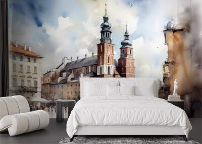 Cracovia on a sunny day watercolour. Plonia. Europa. visit concept. travel concept. vacations concept. illustration created with ai Wall mural