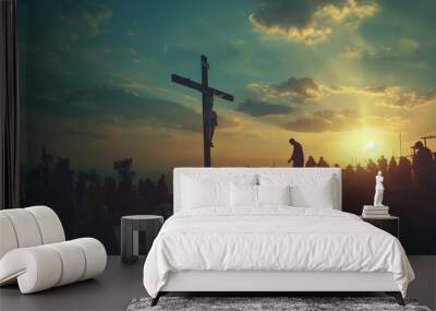 Crucifixion of Jesus Christ on the cross at Calvary against a sunset. Good friday, holy week, easter concept Wall mural