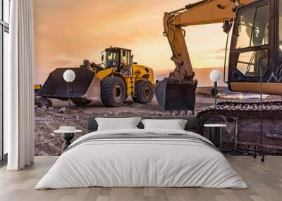 Group of excavator working on a construction site Wall mural