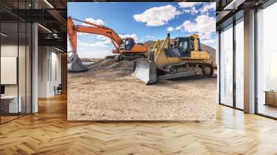 Group of excavator working on a construction site Wall mural