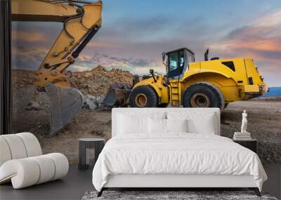 Group of excavators working on a building site Wall mural