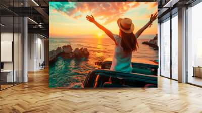 Freedom, adventure and woman by car for road trip watching sunset on summer vacation or holiday. Travel, beach and back of person by sea with vehicle for happiness with self discovery in Italy Wall mural