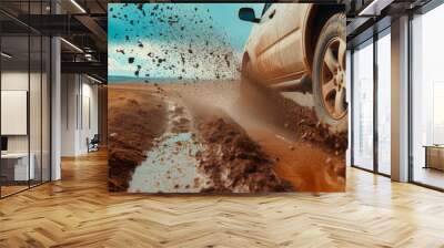 Getting off the beaten path. Car wheels on steppe terrain splashing with dirt. SUV or offroader on mud road. Car racing offroad. Offroad car in action. Dirty car drive on high speed Wall mural