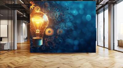 Glowing light bulb and cogwheel gears illustration background. Engineering mechanism settings, copy space, intelligence and creativity power Wall mural