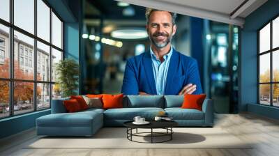 Happy middle aged business man ceo standing in office arms crossed. Smiling mature confident professional executive manager, proud lawyer,  businessman leader wearing blue suit, created with ai Wall mural