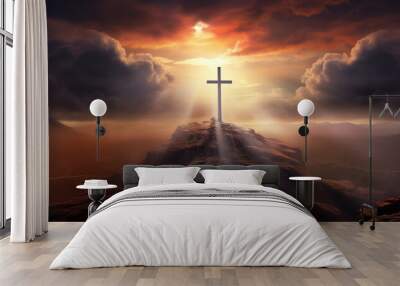 Holy cross symbolizing the death and resurrection of Jesus Christ with the sky over Golgotha Hill is shrouded in light and clouds Wall mural