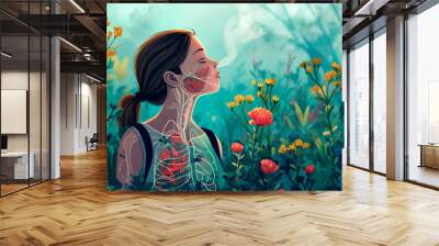 illustration of a teenage girl with lungs breathing, respiratory system, in nature Wall mural