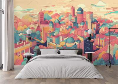 Illustration of the city of Vienna inspired by the design of the 90s. Created by AI Wall mural