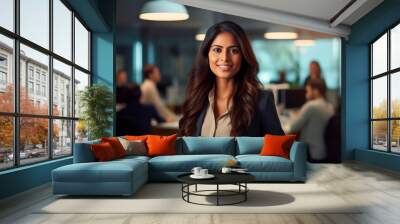 indian asian businesswoman, in the office. Smiling. Light Wall mural