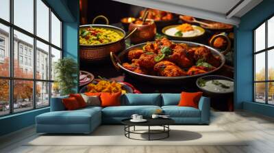 indian food feast with chicken tikka masala curry, tandoori chicken and appetizers Wall mural