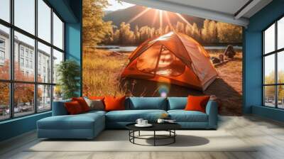 Outdoor camping photo. tent in the middle of nature, beautiful landscape. natural, protected area. image created with ai Wall mural