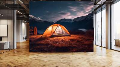 Outdoor camping photo. tent in the middle of nature, beautiful landscape. nighttime. natural, protected area. image created with ai Wall mural