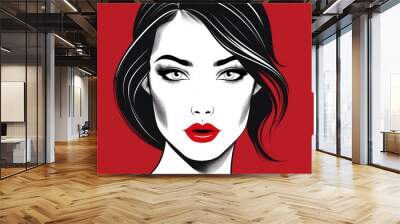 Red Lips, Black & White Portrait A captivating black and white portrait of a beautiful young woman with striking red lipstick, showcasing her alluring gaze and elegant features. Wall mural