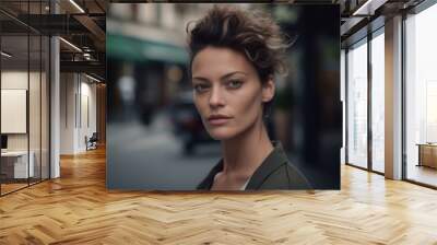 Street style model portrait photographed on the street of Paris, photorealistic + hyperrealistic, dark style Wall mural