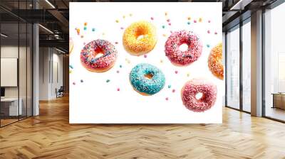 sweet donuts of different colours isolated on white background , donuts fly over white background Wall mural