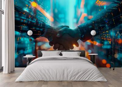 Two business people shaking hands with digital technology in the background, concept of AI and artificial intelligence. blurred blue orange light, futuristic city background Wall mural