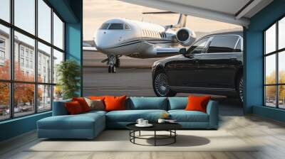 View of black luxury limousine car with private white jet in the background at the airport, private luxury escort Wall mural