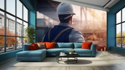 Young professional engineer (from behind) with protective helmet and blueprint paper at house construction site, blurred background. Architect. Construction worker. Construction. made with ai Wall mural