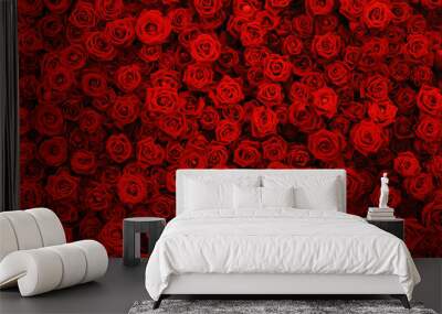 Natural red roses background, flowers wall. Wall mural