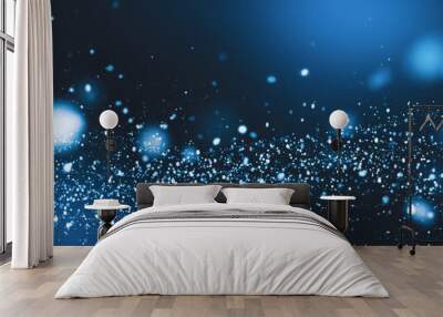 Glowing particles on dark blue background, flying glitter, technology abstract blurry banner design Wall mural