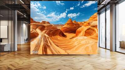 Arid sandstone canyon in Zion National Park, Utah, USA, offers scenic views of red rock formations against a blue sky Wall mural