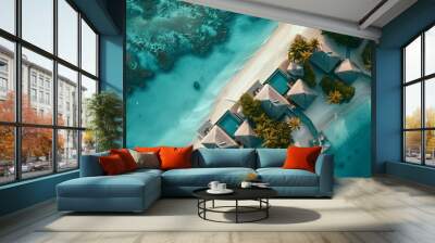 Tropical paradise: turquoise lagoon, palm trees, white sand, endless blue sky Wall mural